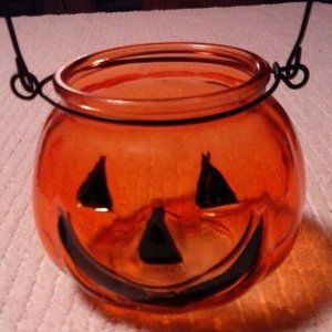 *Halloween Orange Glass Jack O' Lantern Tealight Candle Holder #79029 (NWT) #1